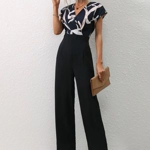 V-Neck Graphic Jumpsuit, Women’s Business Suit, Casual Jumpsuit, Size Large